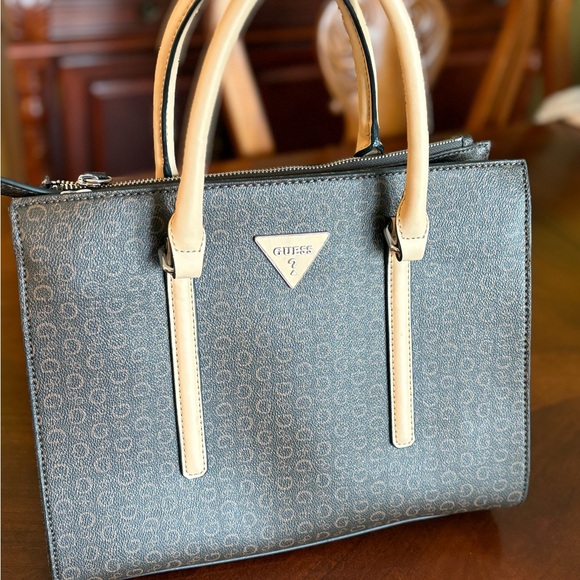 GUESS Brown and Tan Signature Logo Structured Shoulder Handbag. - Picture 1 of 17